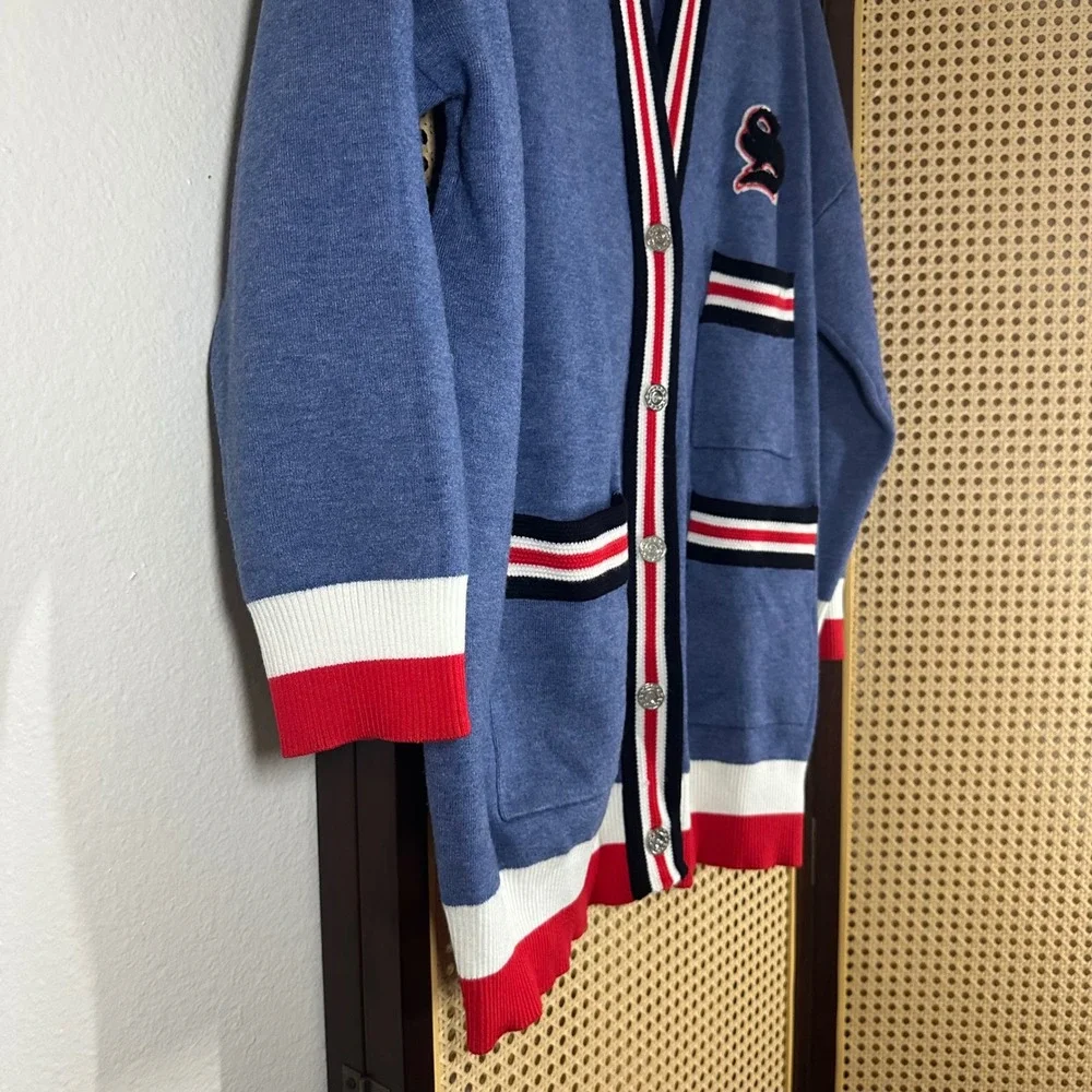 Sandro Blue Varsity Striped Oversized Knit Cardigan Sweater Sz S Preppy Academia - Picture 3 of 6